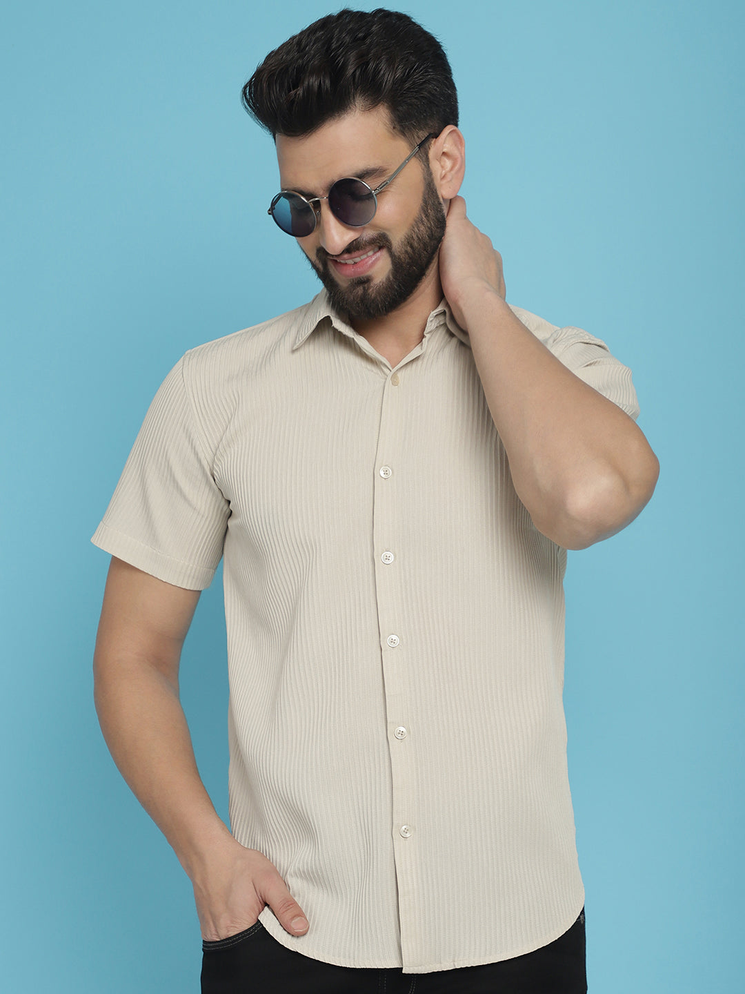 Indian Needle Men's Striped Half Sleeve Casual Shirt - Cream