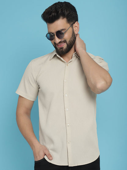 Indian Needle Men's Striped Half Sleeve Casual Shirt - Cream