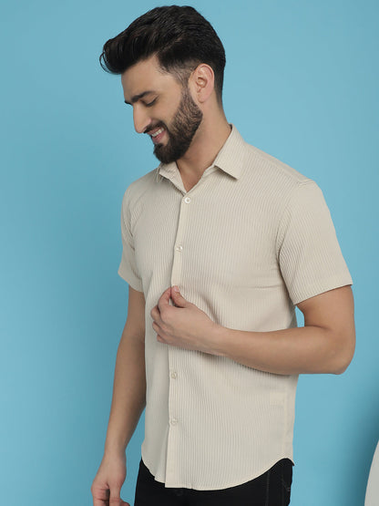 Indian Needle Men's Striped Half Sleeve Casual Shirt - Cream