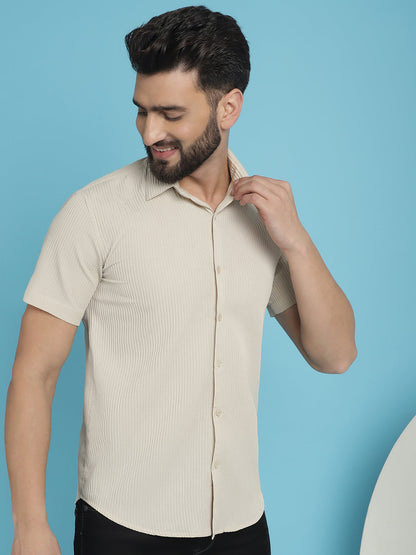 Indian Needle Men's Striped Half Sleeve Casual Shirt - Cream