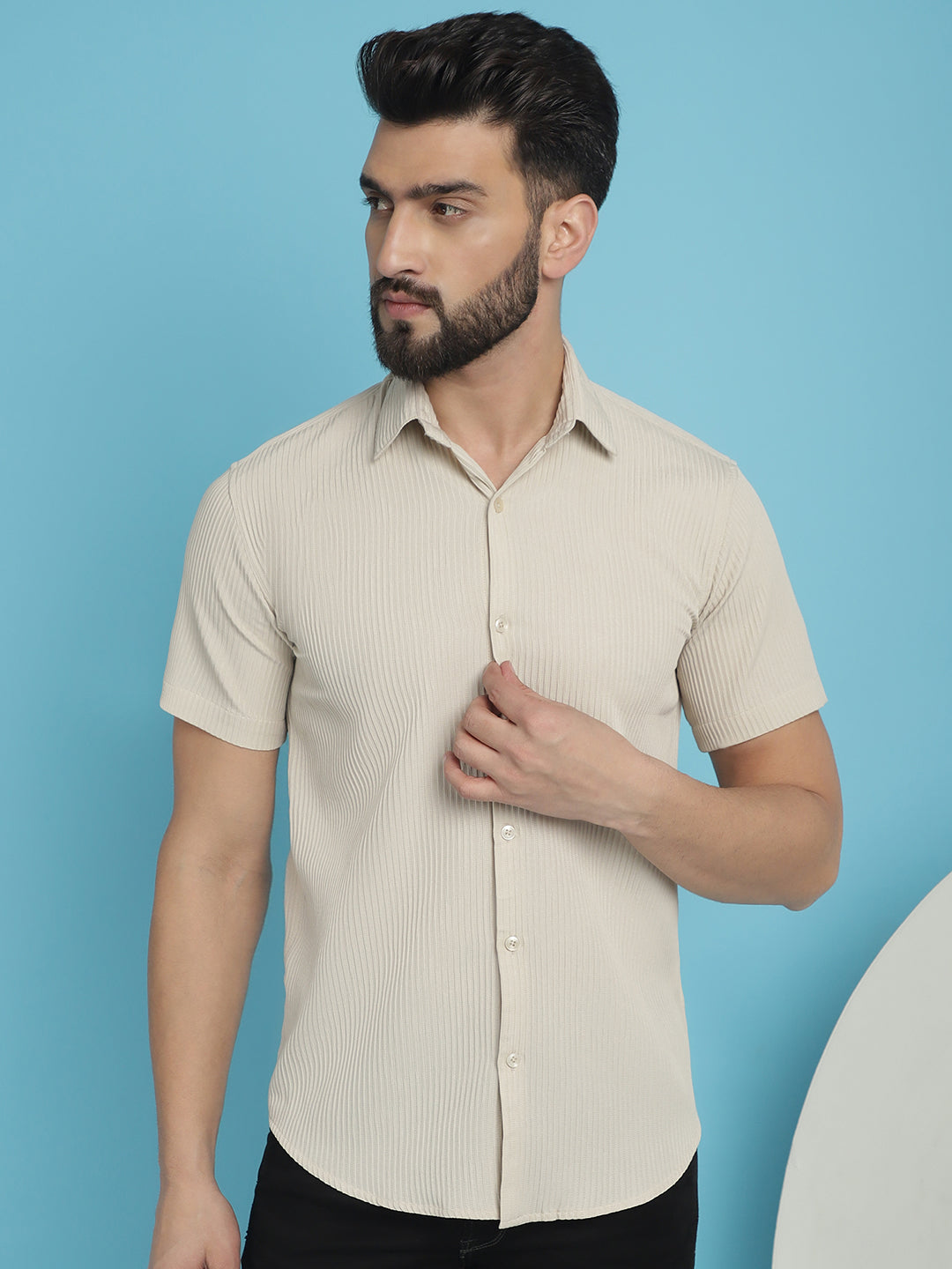 Indian Needle Men's Striped Half Sleeve Casual Shirt - Cream