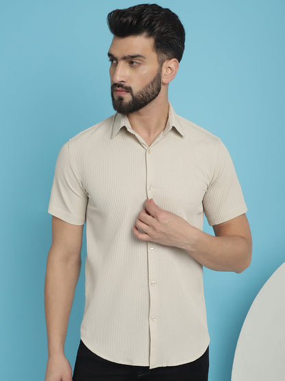 Indian Needle Men's Striped Half Sleeve Casual Shirt - Cream