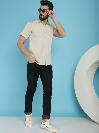 Indian Needle Men's Striped Half Sleeve Casual Shirt - Cream