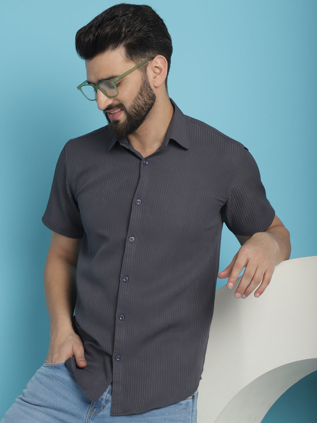 Indian Needle Men's Striped Half Sleeve Casual Shirt - Grey
