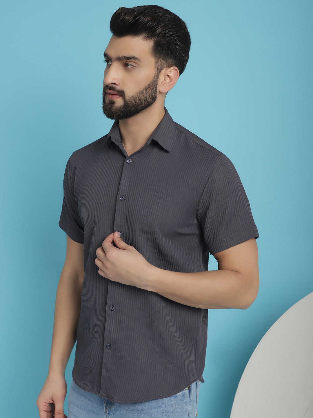 Indian Needle Men's Striped Half Sleeve Casual Shirt - Grey