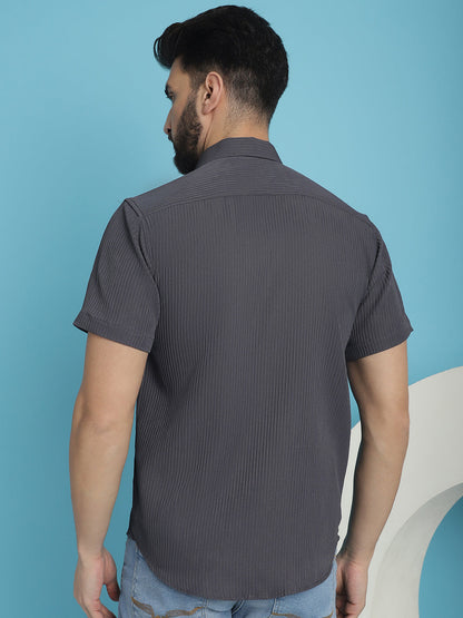 Indian Needle Men's Striped Half Sleeve Casual Shirt - Grey