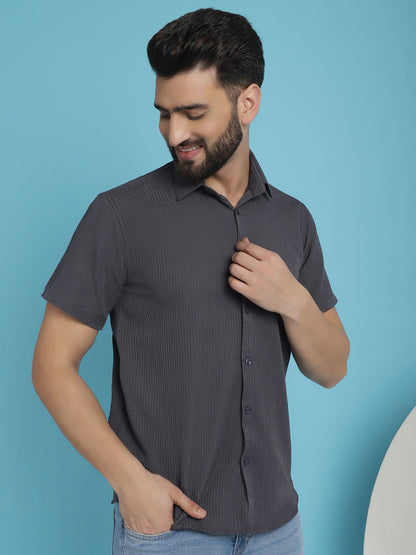 Indian Needle Men's Striped Half Sleeve Casual Shirt - Grey