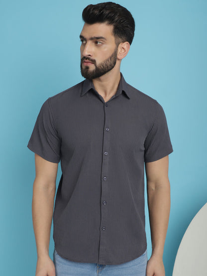 Indian Needle Men's Striped Half Sleeve Casual Shirt - Grey