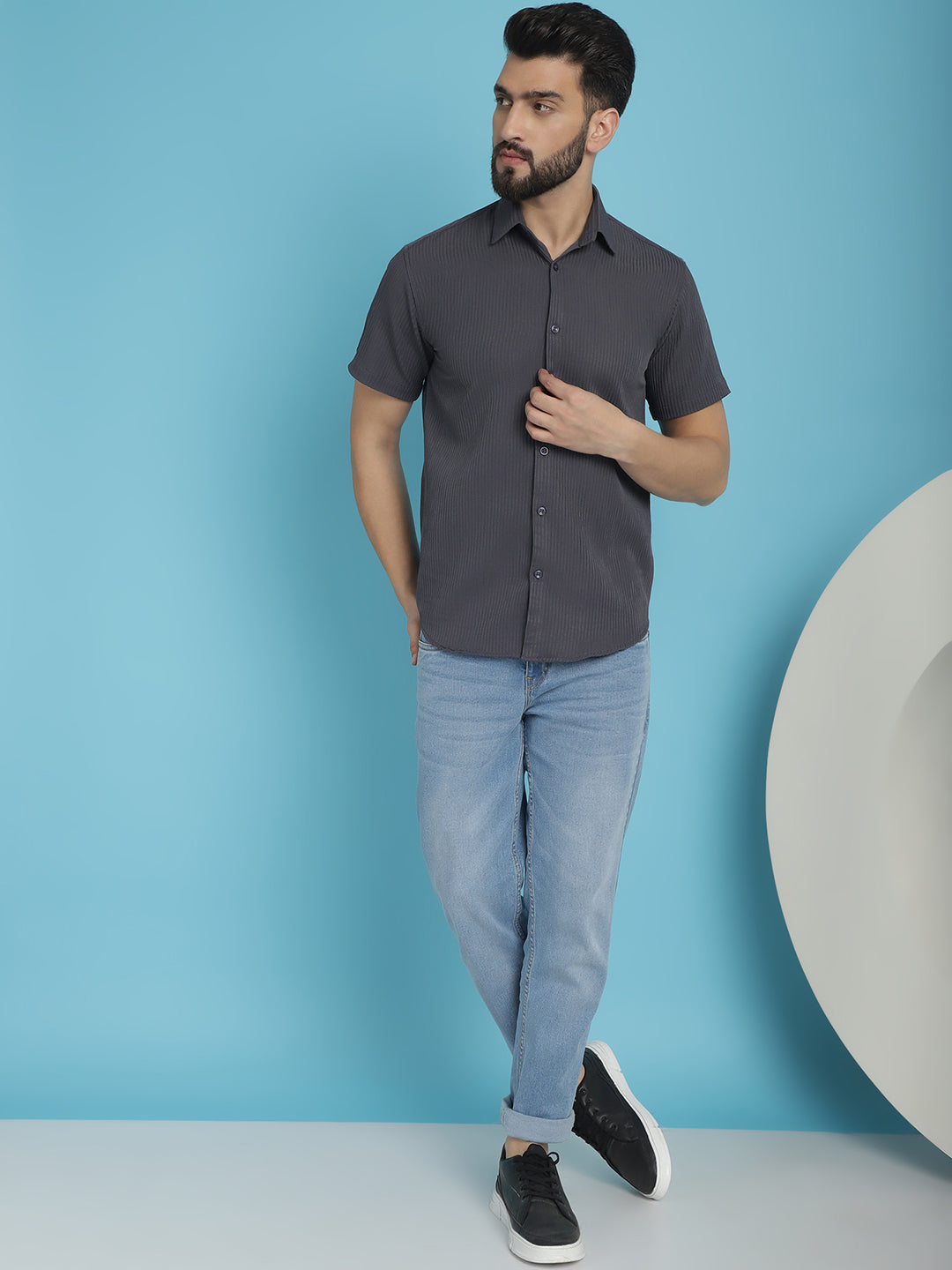 Indian Needle Men's Striped Half Sleeve Casual Shirt - Grey