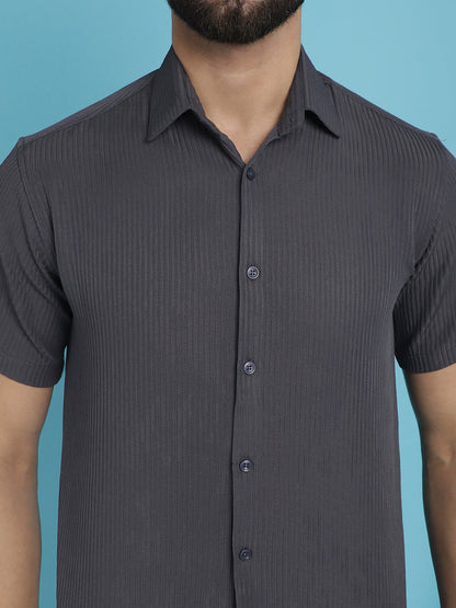 Indian Needle Men's Striped Half Sleeve Casual Shirt - Grey