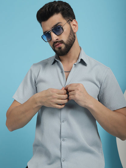 Indian Needle Men's Striped Half Sleeve Casual Shirt - Light-Grey