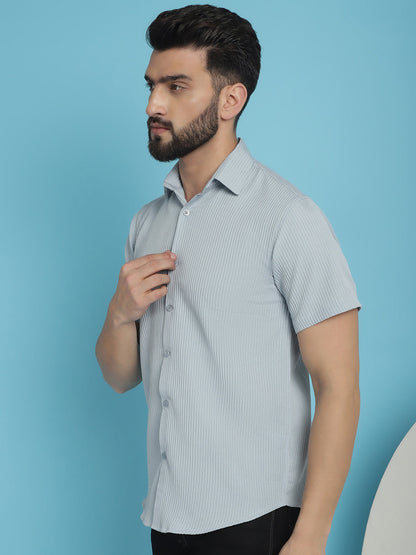 Indian Needle Men's Striped Half Sleeve Casual Shirt - Light-Grey