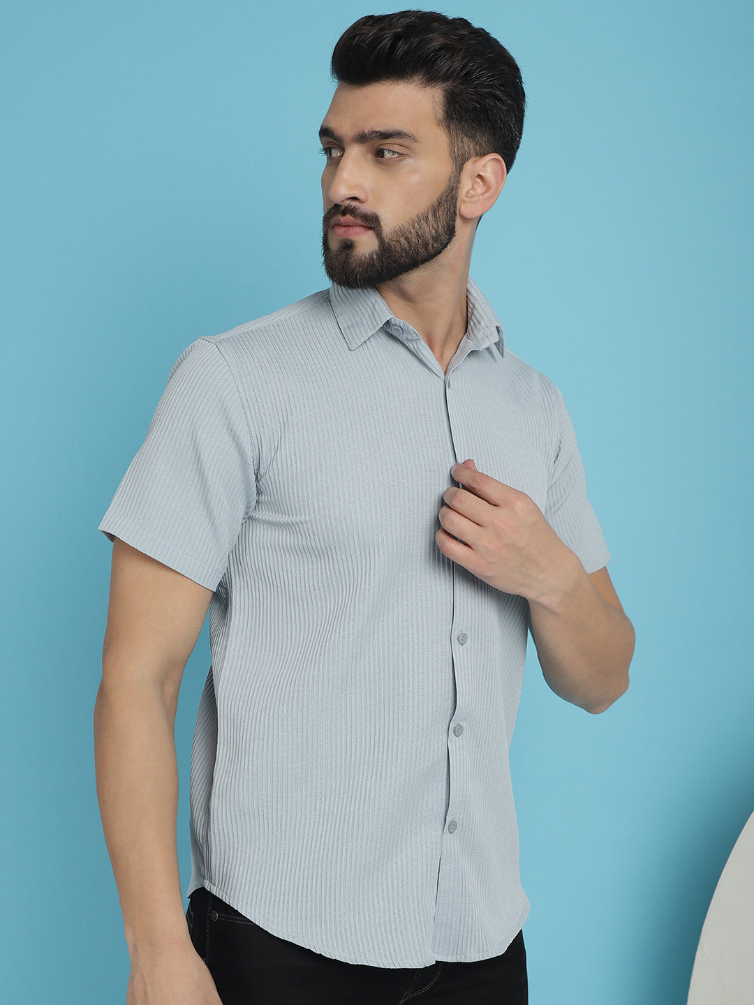 Indian Needle Men's Striped Half Sleeve Casual Shirt - Light-Grey