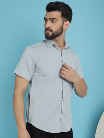 Indian Needle Men's Striped Half Sleeve Casual Shirt - Light-Grey