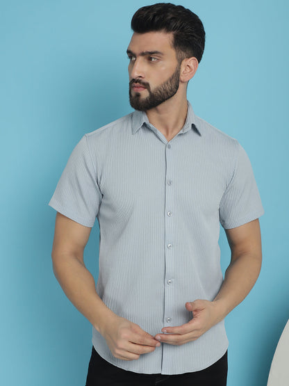 Indian Needle Men's Striped Half Sleeve Casual Shirt - Light-Grey