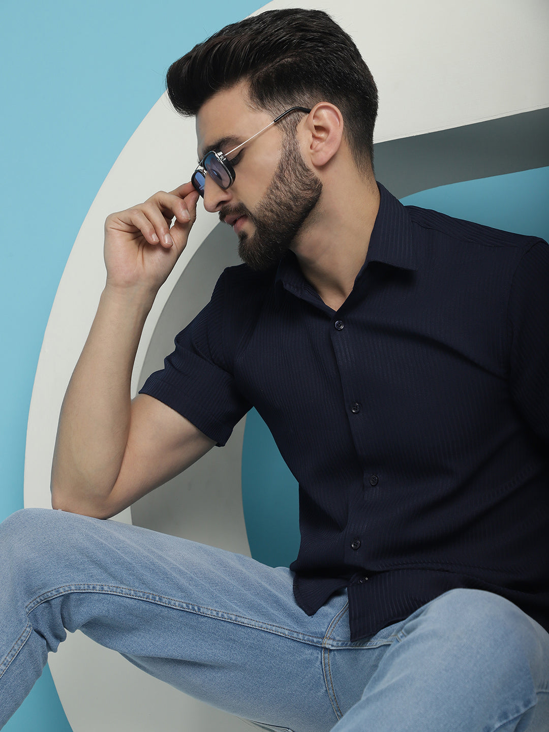 Indian Needle Men's Striped Half Sleeve Casual Shirt - Navy Blue