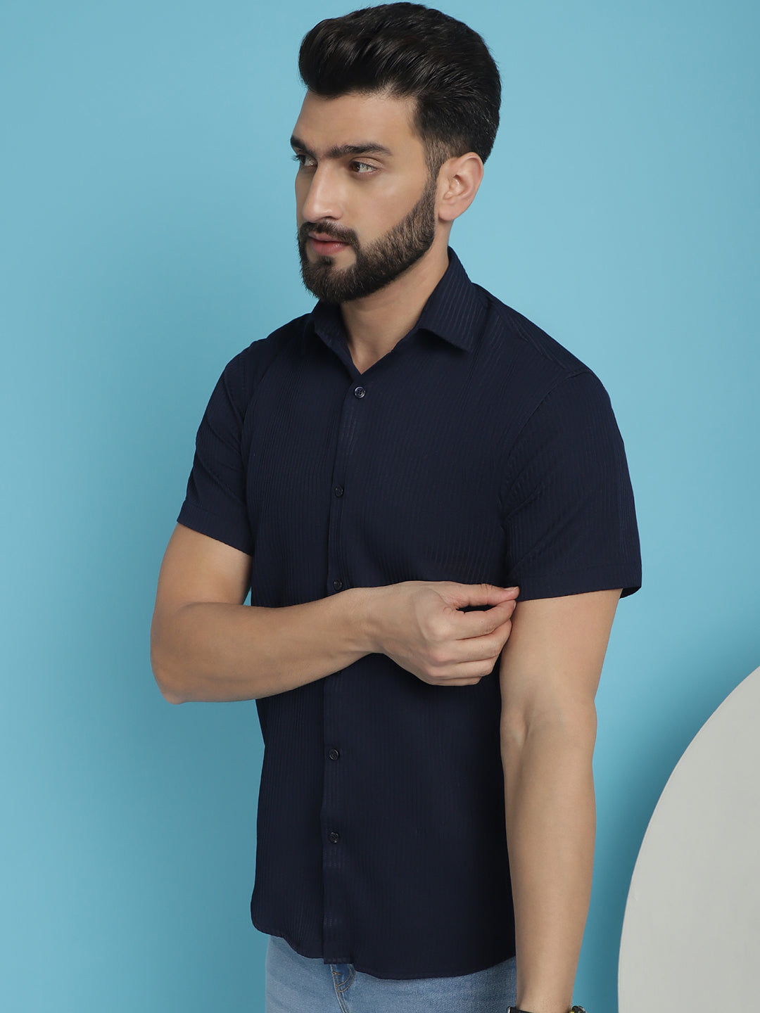 Indian Needle Men's Striped Half Sleeve Casual Shirt - Navy Blue