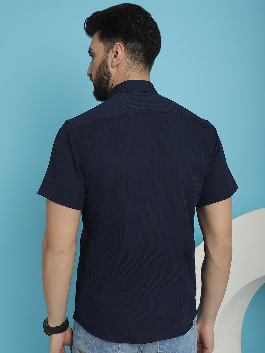 Indian Needle Men's Striped Half Sleeve Casual Shirt - Navy Blue