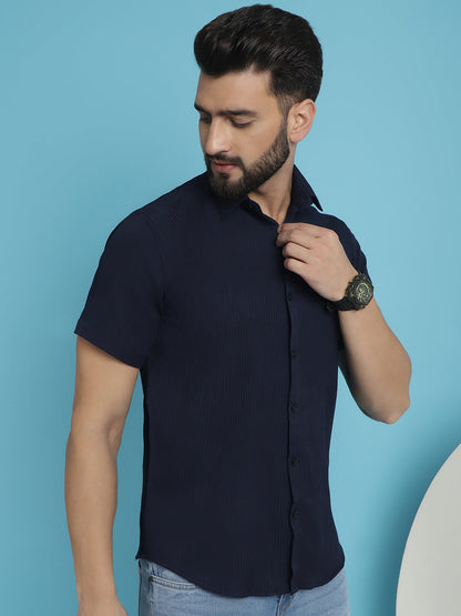 Indian Needle Men's Striped Half Sleeve Casual Shirt - Navy Blue