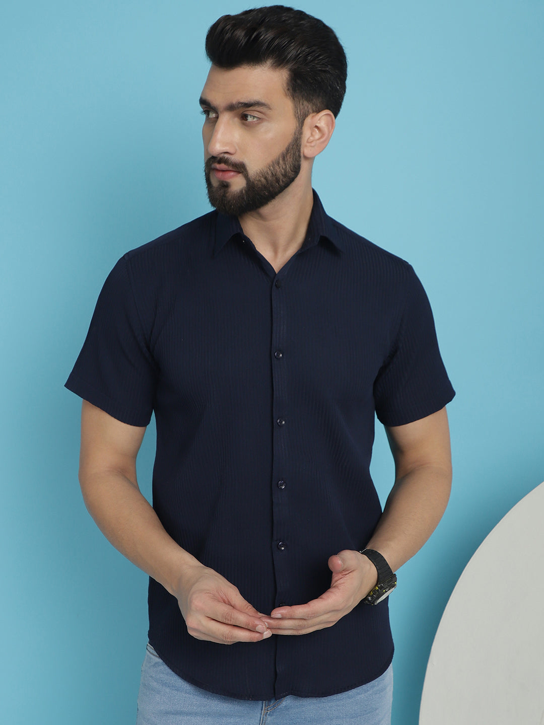 Indian Needle Men's Striped Half Sleeve Casual Shirt - Navy Blue