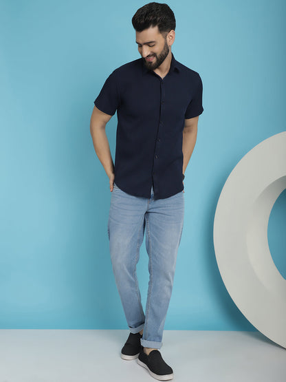 Indian Needle Men's Striped Half Sleeve Casual Shirt - Navy Blue