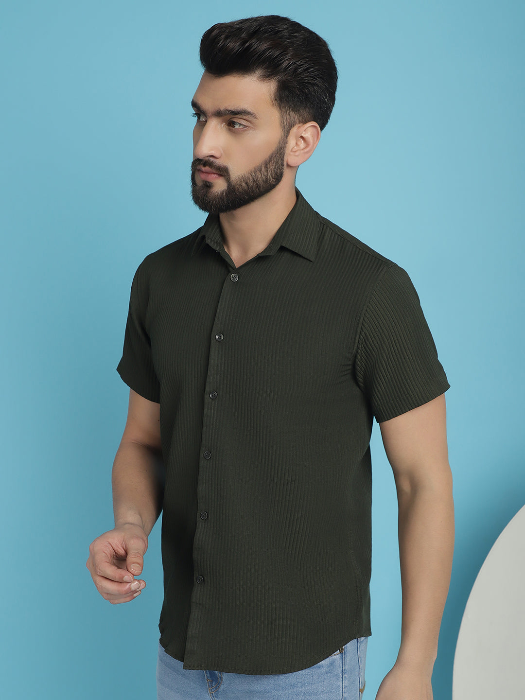 Indian Needle Men's Striped Half Sleeve Casual Shirt - Olive