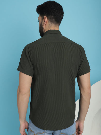 Indian Needle Men's Striped Half Sleeve Casual Shirt - Olive