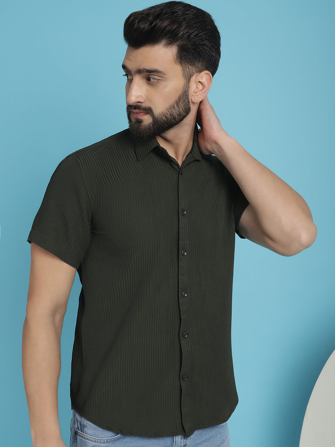 Indian Needle Men's Striped Half Sleeve Casual Shirt - Olive