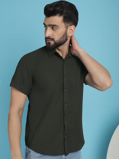 Indian Needle Men's Striped Half Sleeve Casual Shirt - Olive
