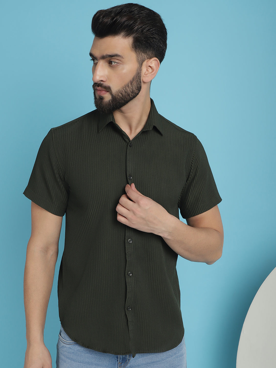 Indian Needle Men's Striped Half Sleeve Casual Shirt - Olive