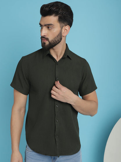 Indian Needle Men's Striped Half Sleeve Casual Shirt - Olive
