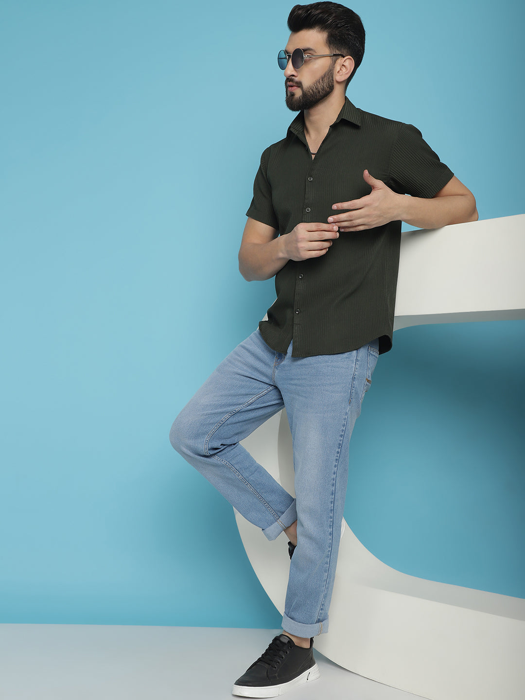 Indian Needle Men's Striped Half Sleeve Casual Shirt - Olive