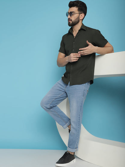 Indian Needle Men's Striped Half Sleeve Casual Shirt - Olive