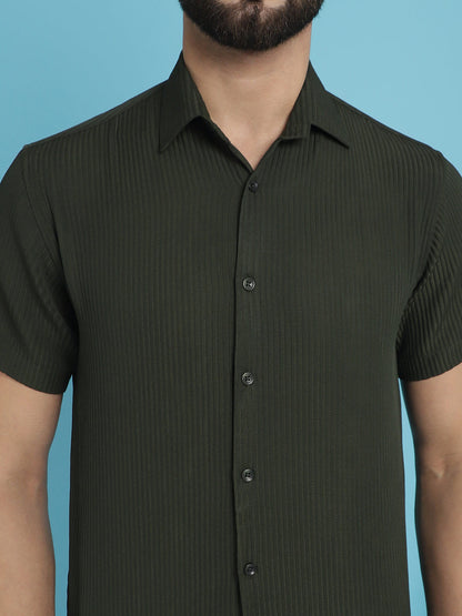 Indian Needle Men's Striped Half Sleeve Casual Shirt - Olive