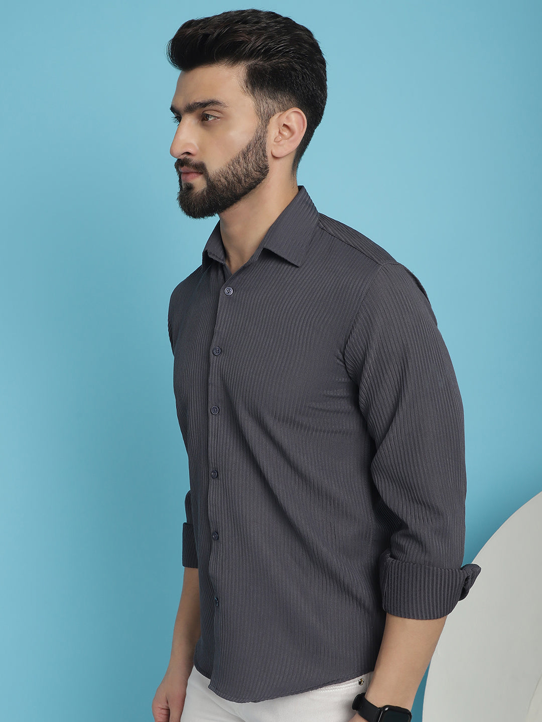 Indian Needle Men's Striped Casual Shirt - Grey