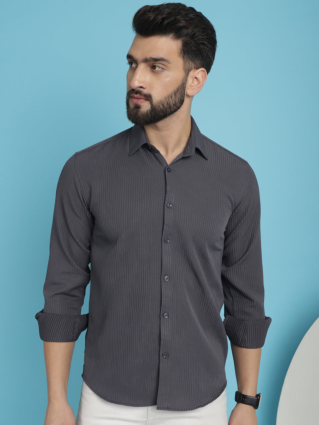 Indian Needle Men's Striped Casual Shirt - Grey