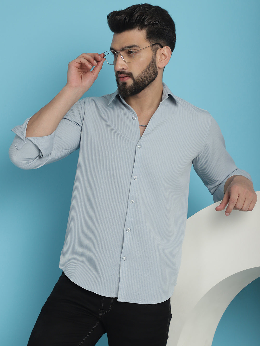 Indian Needle Men's Striped Casual Shirt - Light-Grey