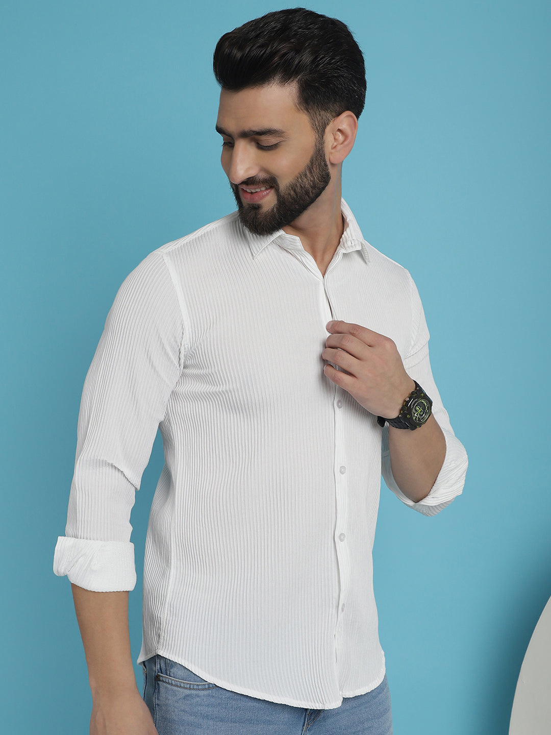 Indian Needle Men's Striped Casual Shirt - White