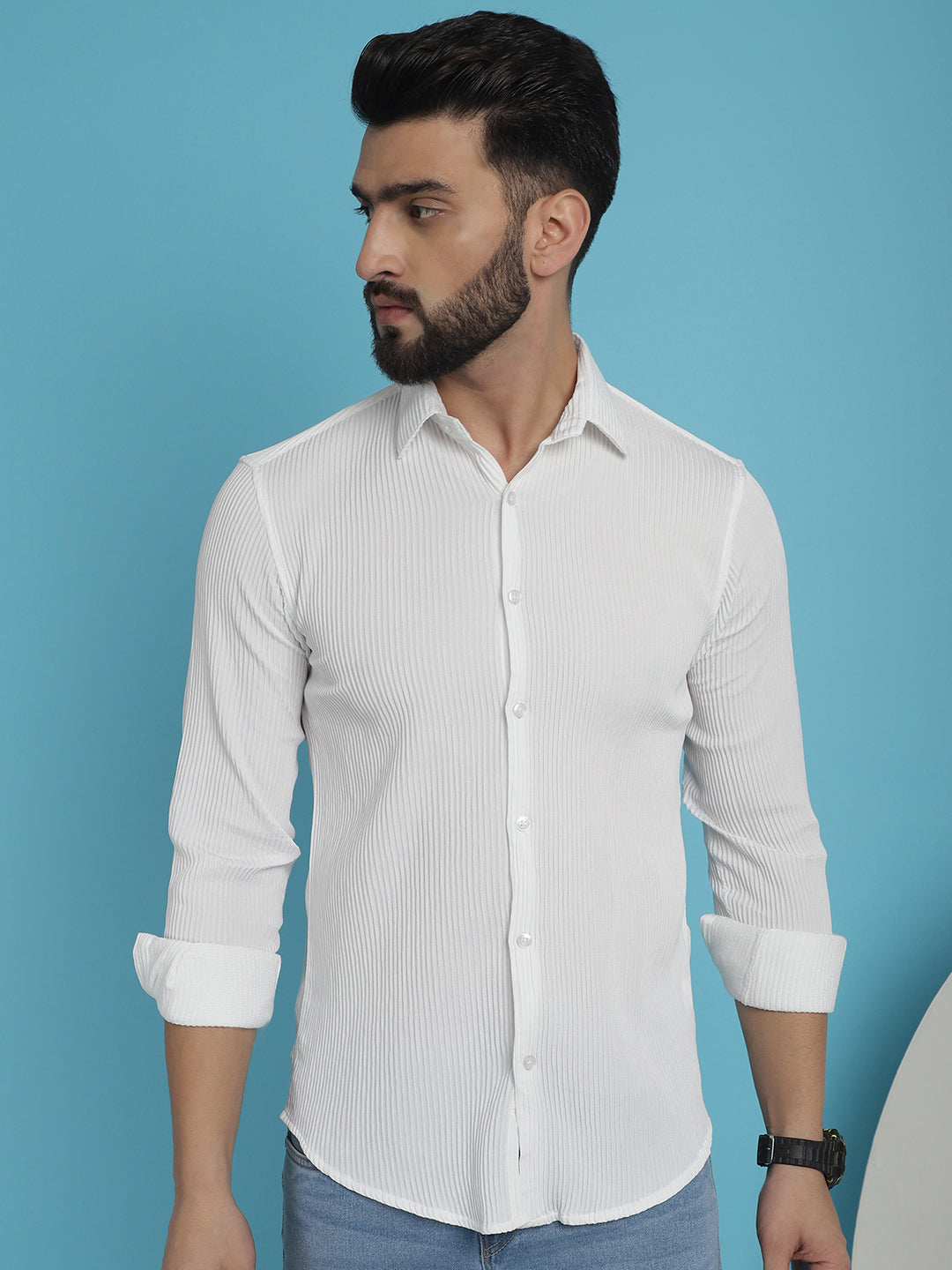 Indian Needle Men's Striped Casual Shirt - White