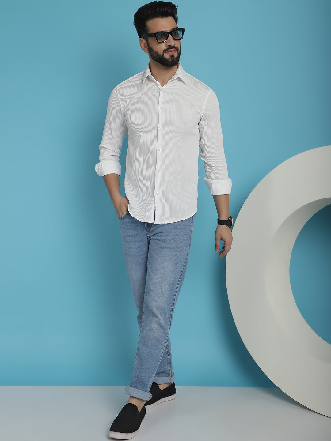 Indian Needle Men's Striped Casual Shirt - White