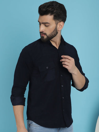 Indian Needle Men's Standard Corduroy Cotton Shirt - Navy Blue