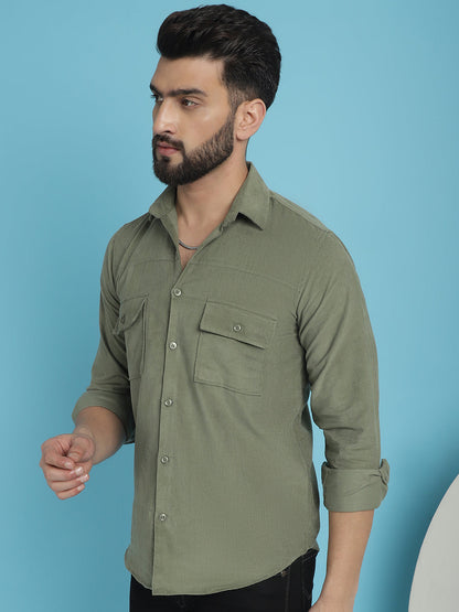 Indian Needle Men's Standard Corduroy Cotton Shirt - Pista