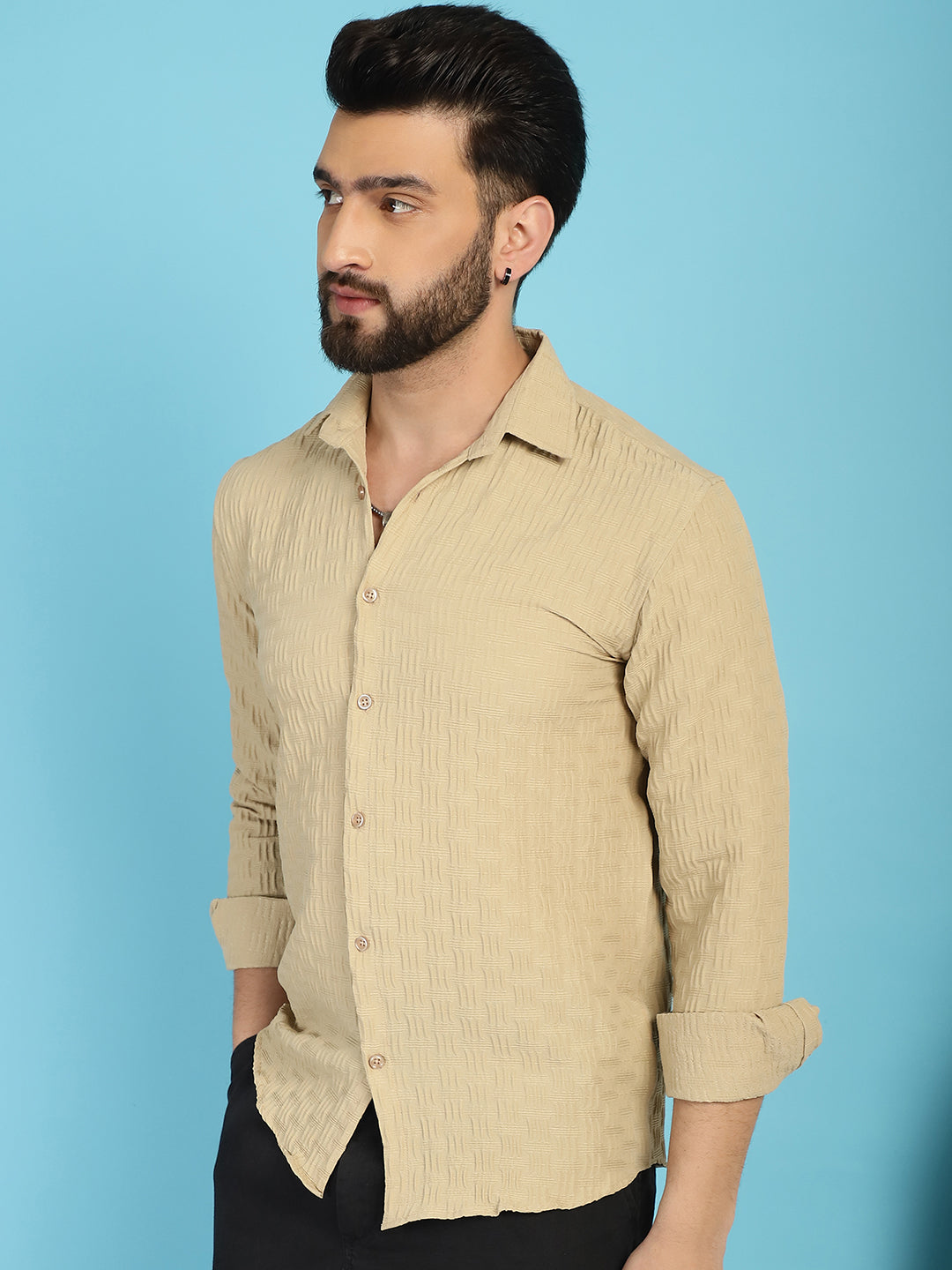 Indian Needle Men's Woven Design Casual Shirt - Beige
