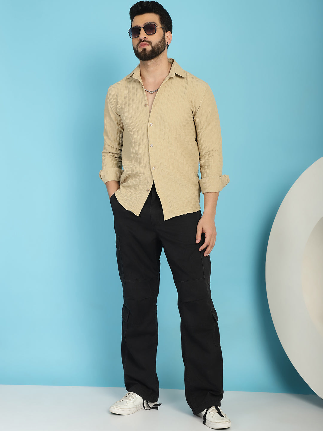 Indian Needle Men's Woven Design Casual Shirt - Beige