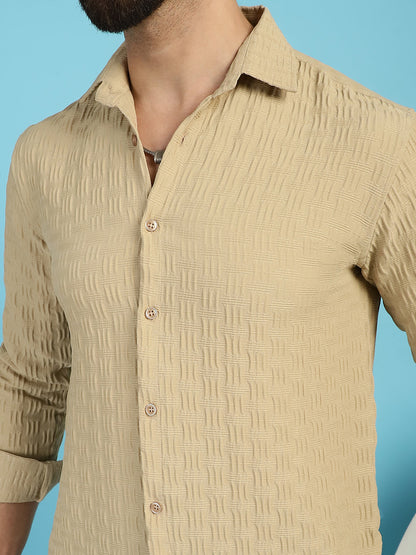 Indian Needle Men's Woven Design Casual Shirt - Beige