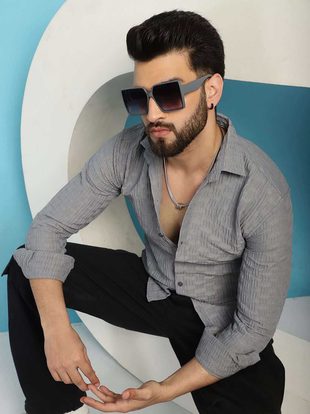 Indian Needle Men's Woven Design Casual Shirt - Light-Grey