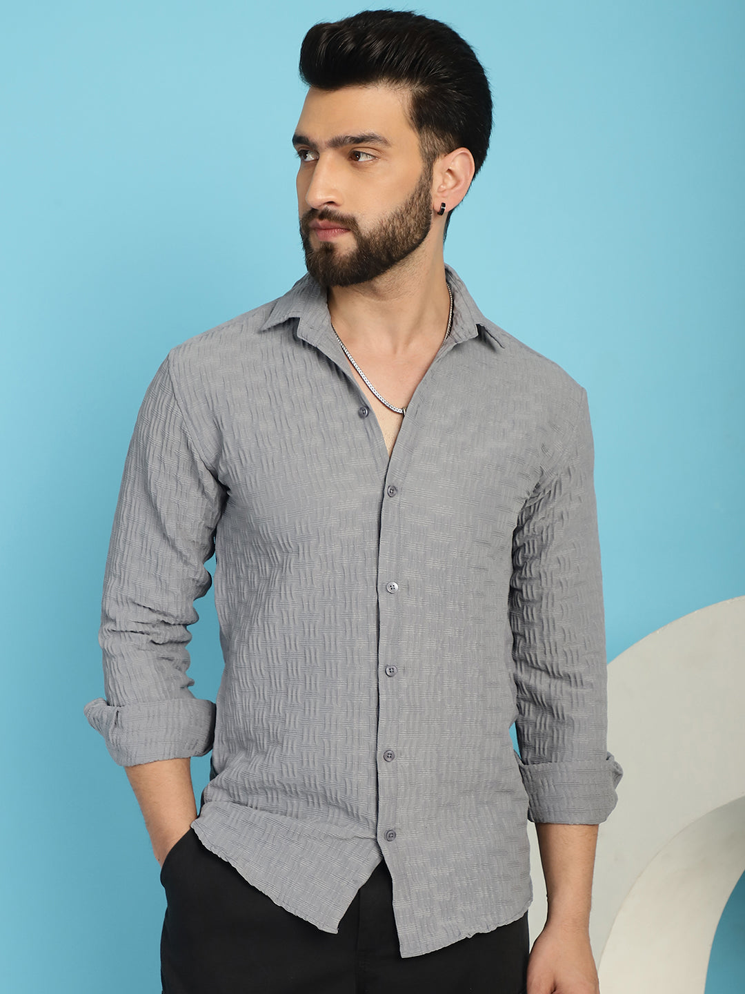 Indian Needle Men's Woven Design Casual Shirt - Light-Grey