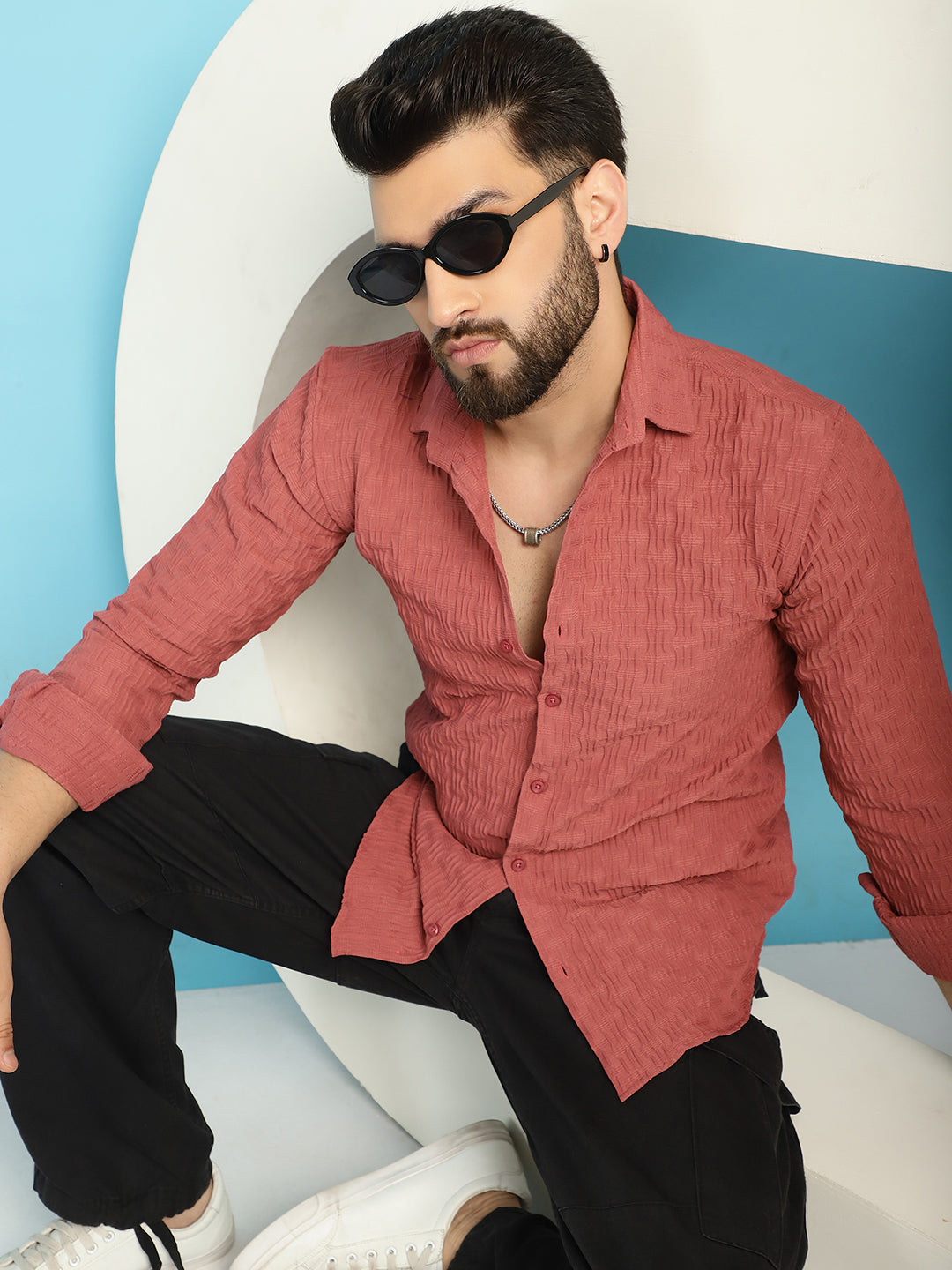 Indian Needle Men's Woven Design Casual Shirt - Peach