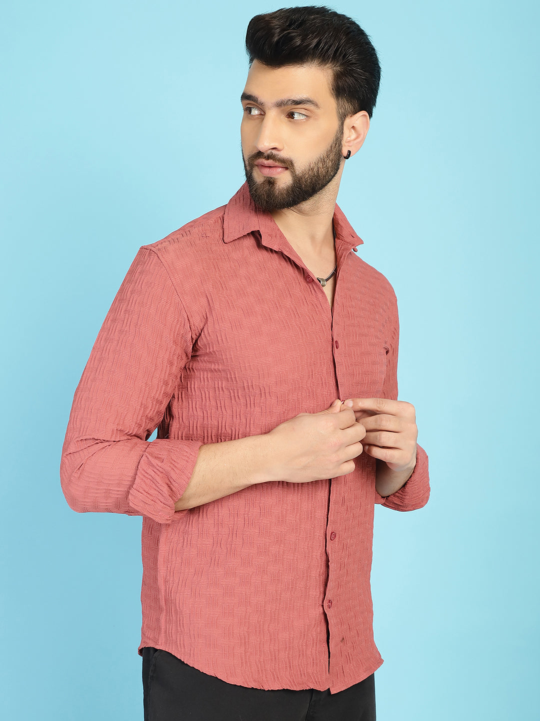 Indian Needle Men's Woven Design Casual Shirt - Peach