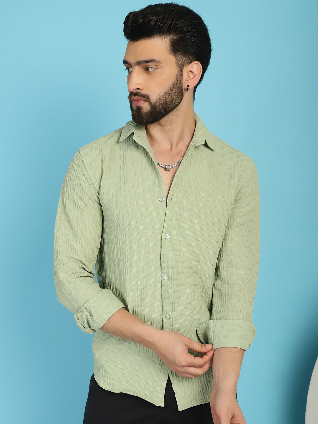 Indian Needle Men's Woven Design Casual Shirt - Pista